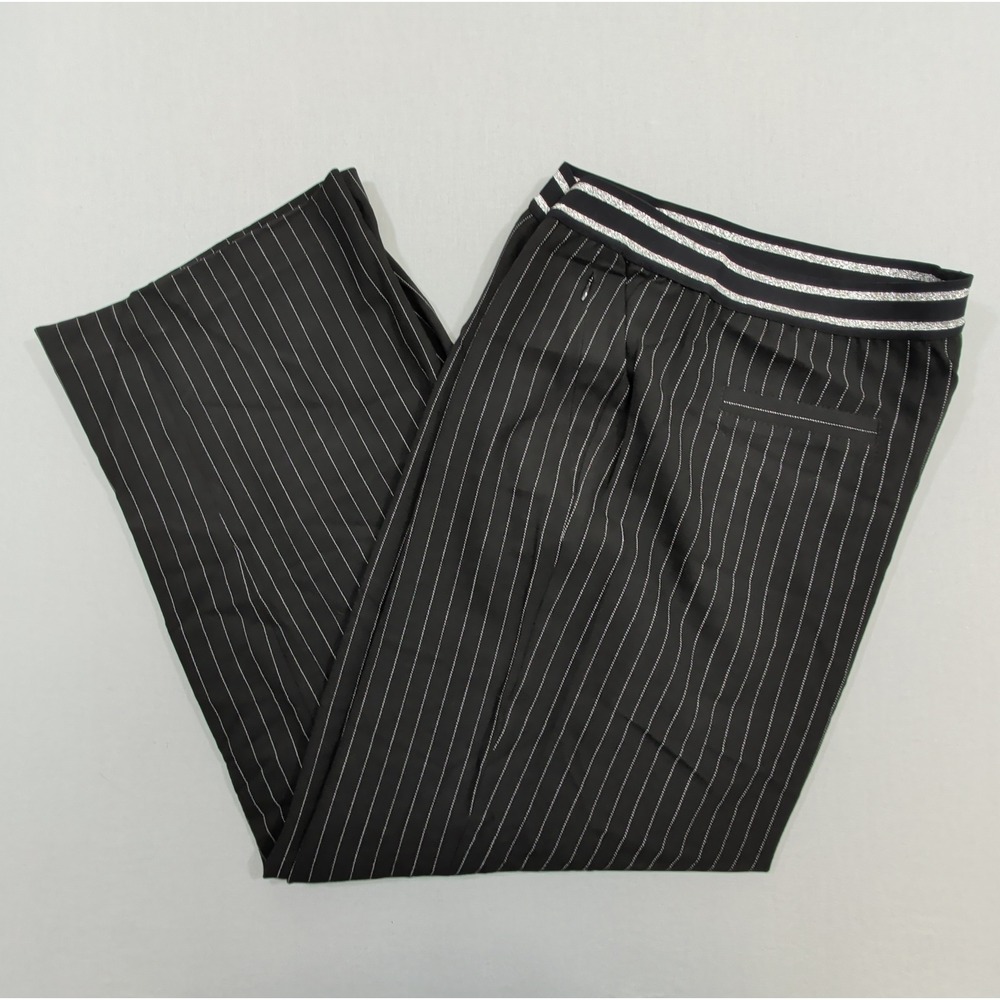 Laurel Womens Pinstripe Wide Leg Pants 16 Black Metallic Elastic Waist Trousers